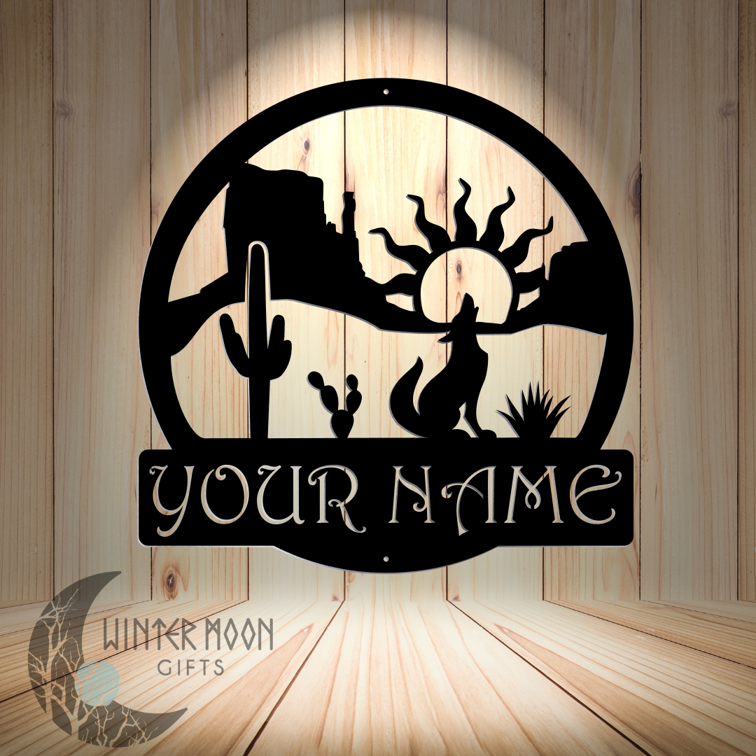 Desert Scene Custom Metal Sign – 18"x18" Howling Coyote Southwest Decor