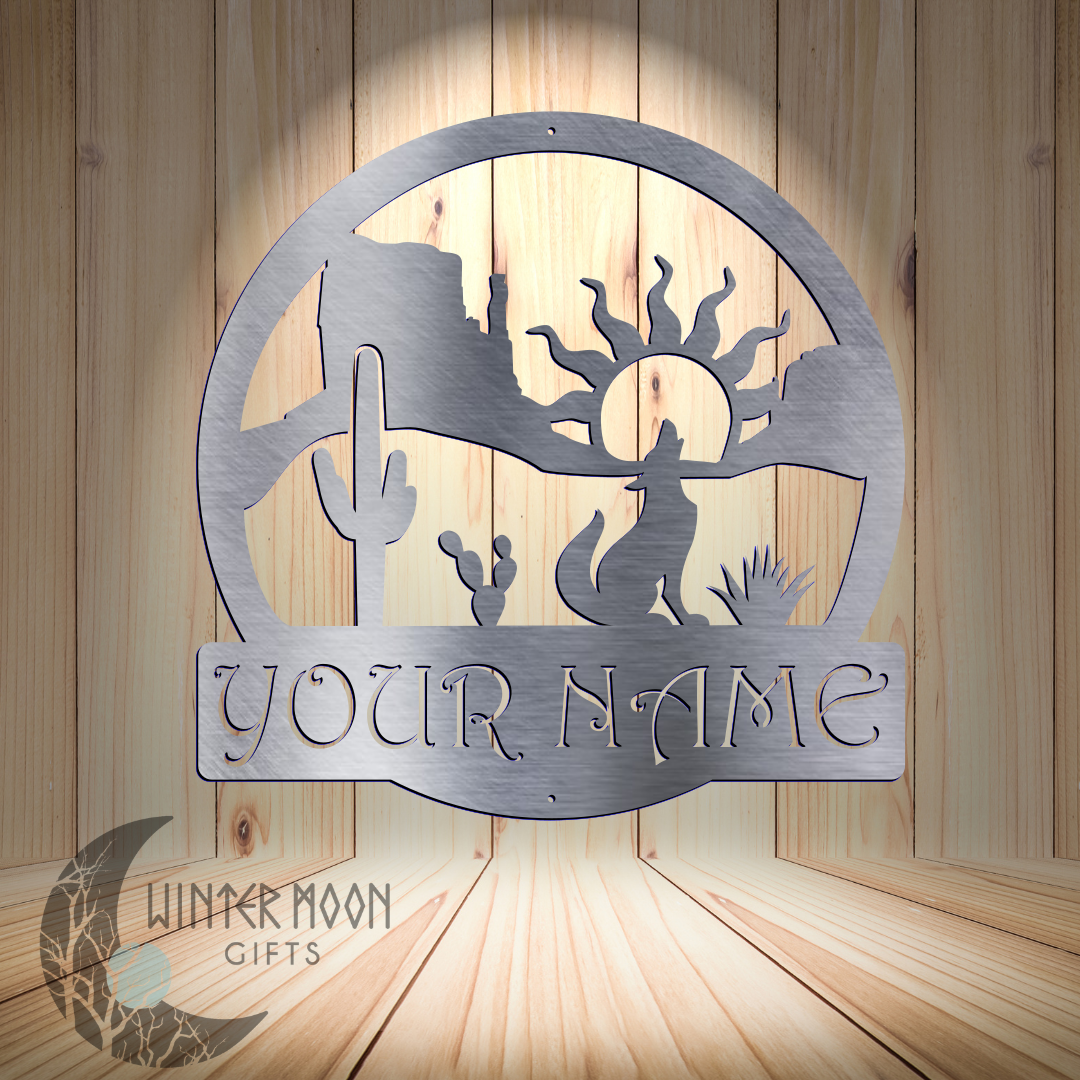 Desert Scene Custom Metal Sign – 18"x18" Howling Coyote Southwest Decor