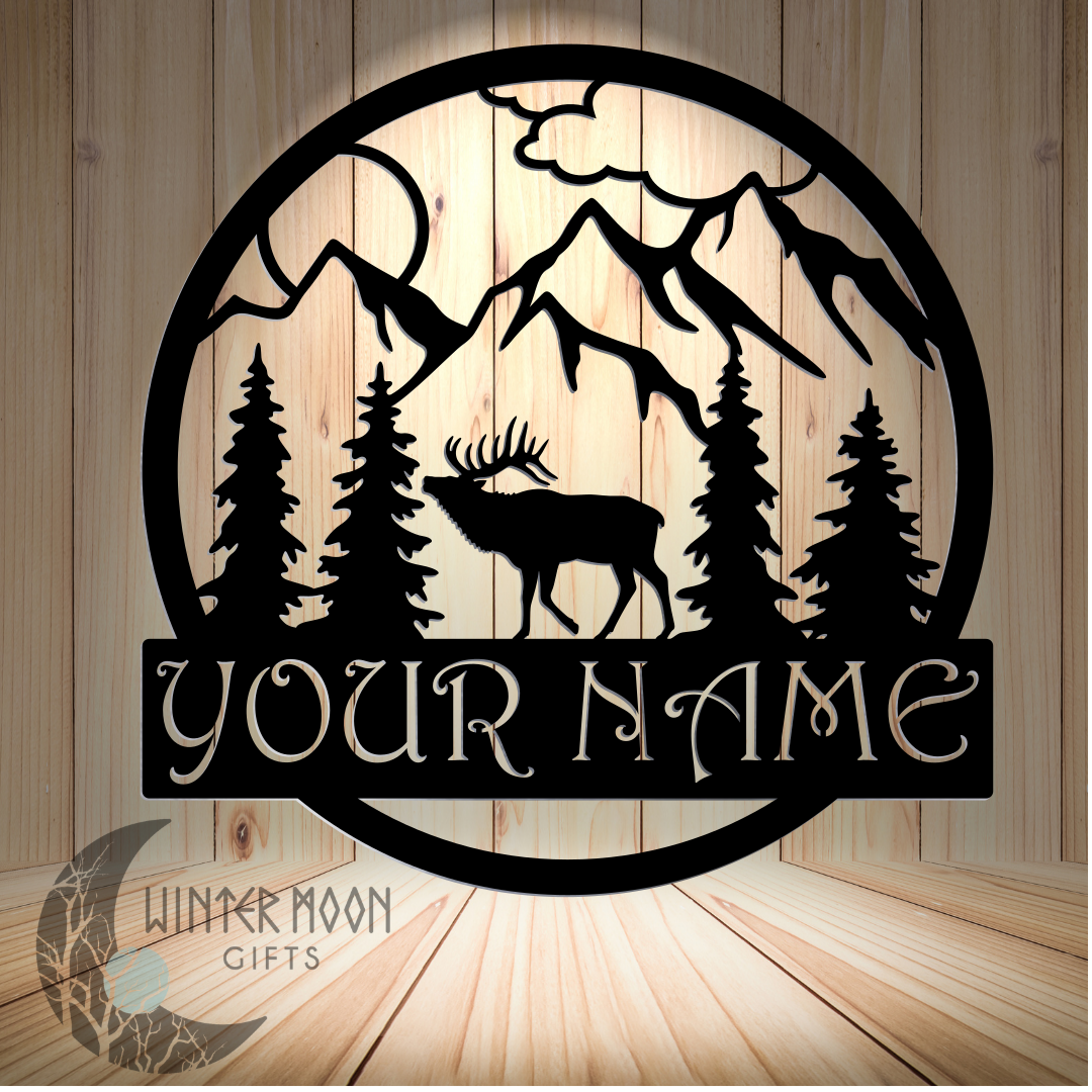 Elk Scene Monogram Metal Art – 18" x 18" Customizable with Powder Coat or Bare Metal Finish