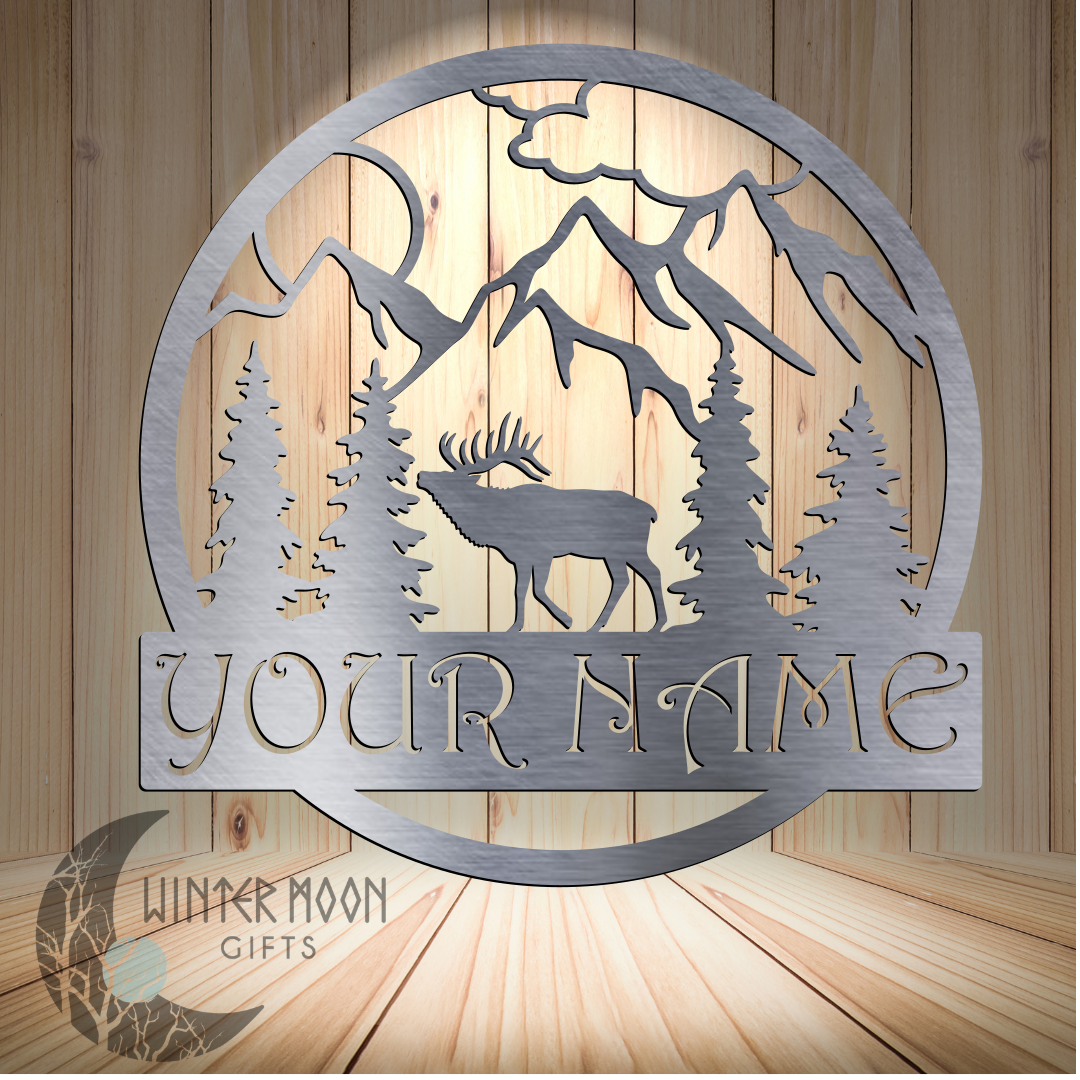 Elk Scene Monogram Metal Art – 18" x 18" Customizable with Powder Coat or Bare Metal Finish