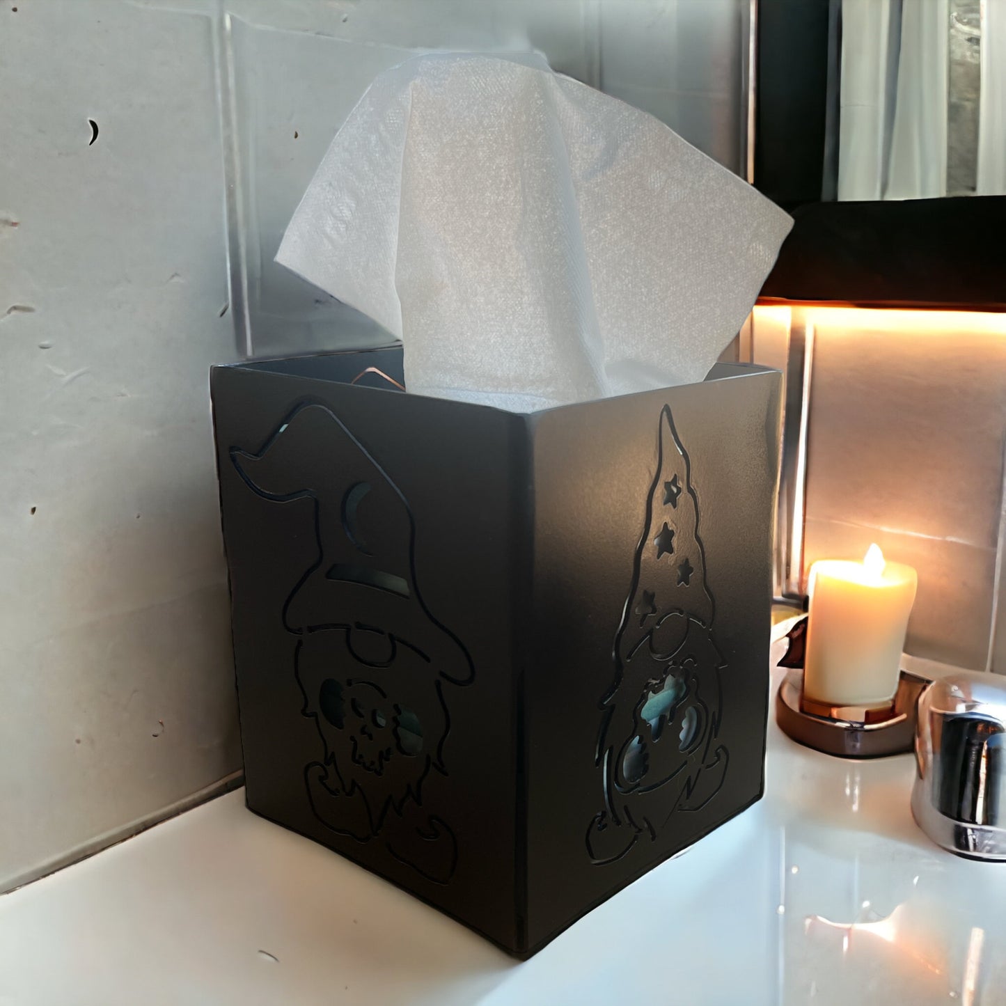 Halloween Gnome Candle Lantern or Tissue Holder – 6"x6"x5" Decorative Metal Box