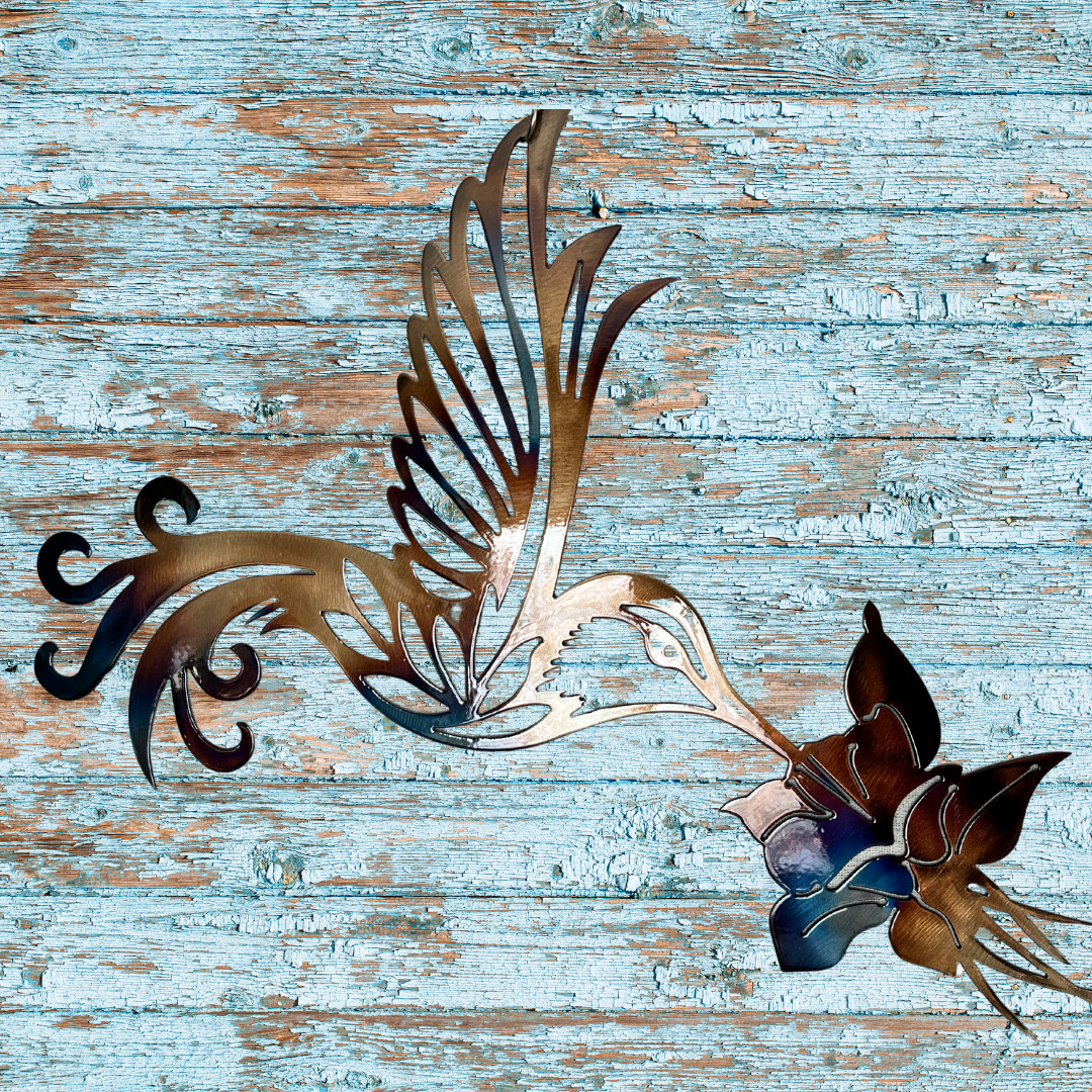 Hummingbird in Flight Metal Wall Art – 15"x11.5" Columbine Flower Design