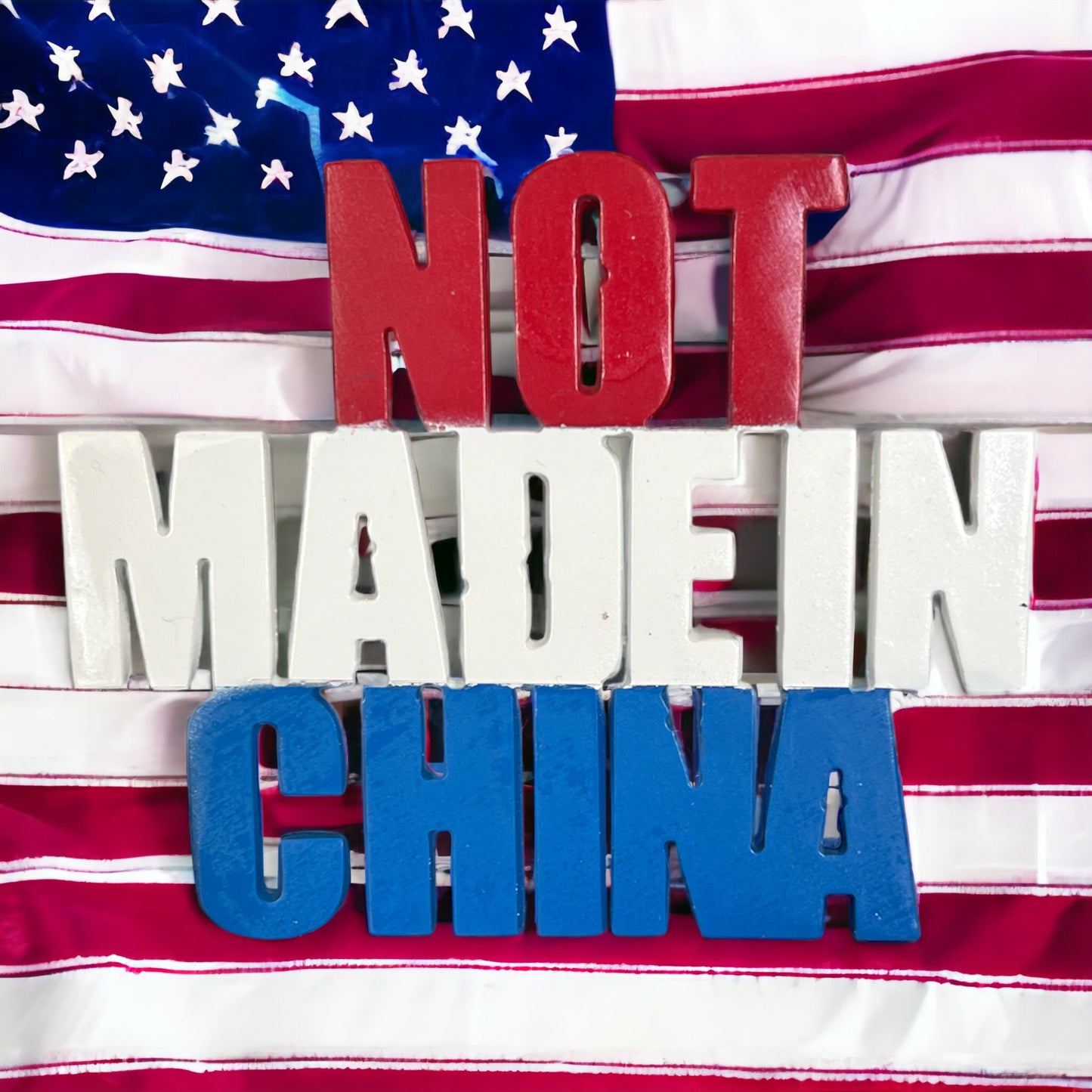 Not Made In China Metal Sign – 4.5"x3.5" Patriotic Red, White & Blue Powder Coat