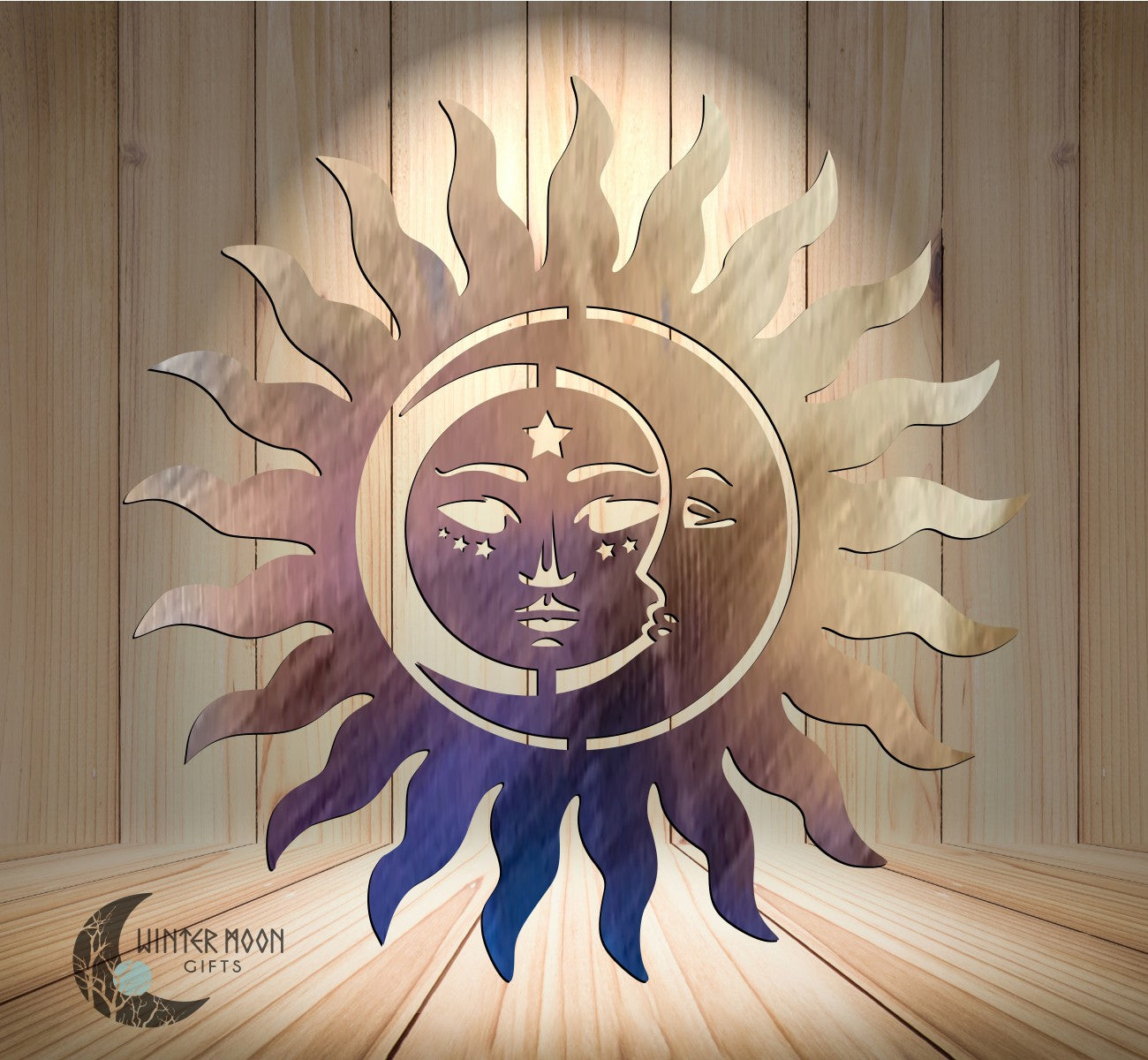Sun and Moon Metal Wall Art – 16"x16" in Black, Heat Painted, or Bare Steel