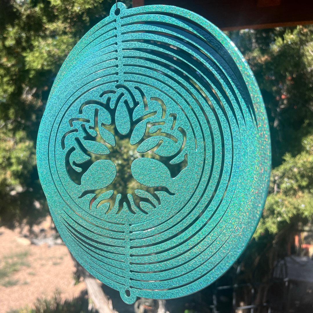 Tree of Life Wind Spinner – 10"x11" Holographic Green Outdoor Metal Art