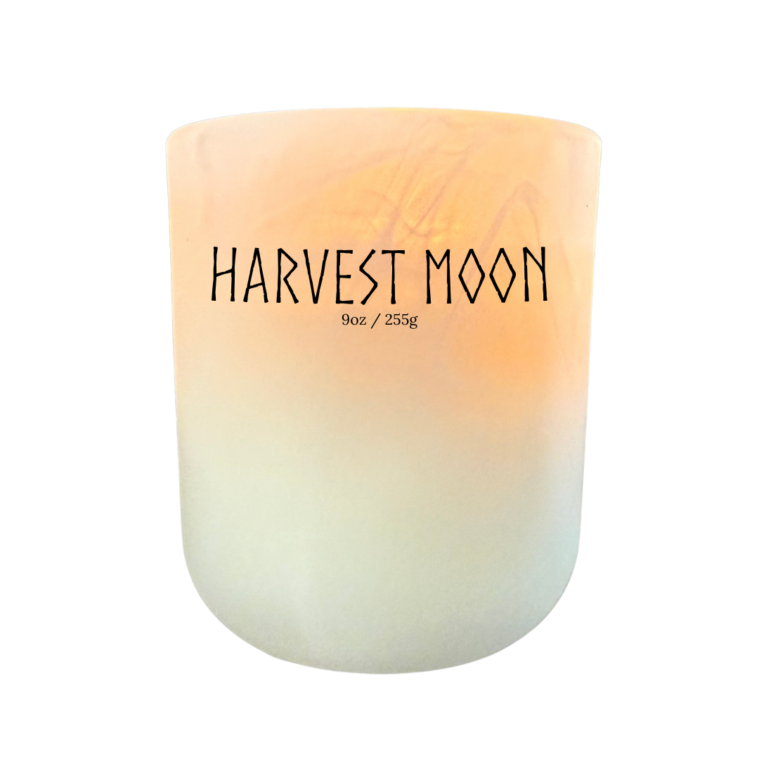 Harvest Moon 9oz soy candle – handmade cinnamon, apple, and cedar candle on white background.