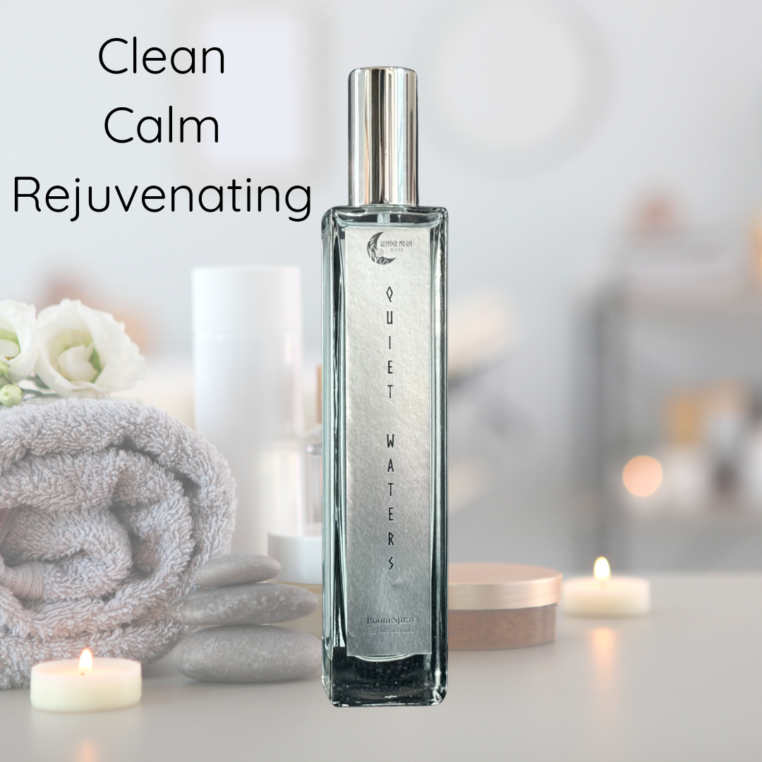 Quiet Waters Room Spray bottle in a serene spa scene with text reading “Clean. Calm. Rejuvenating.” for a fresh and calming home scent.