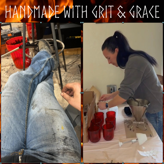 Jessie, founder of Winter Moon Gifts, shown with work-stained jeans and hand-pouring handmade candles. Handmade with grit and grace.