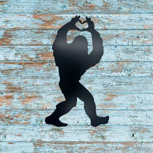 Bigfoot Heart Metal Wall Art – 10"x6" Sasquatch in Black Powder Coated Steel