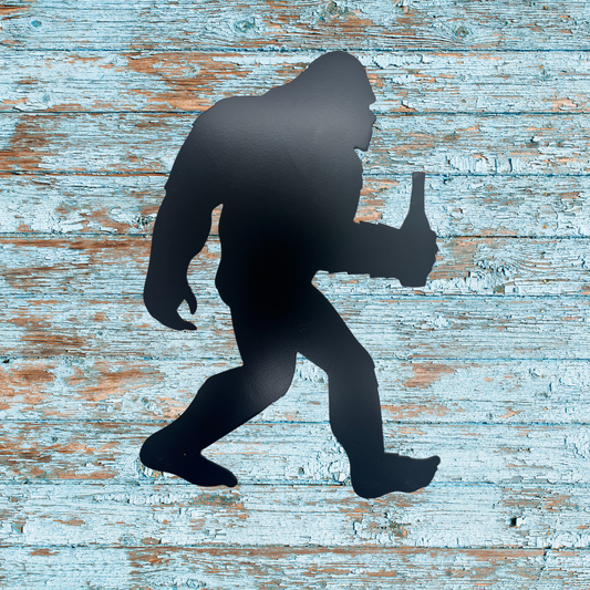 Bigfoot Holding Beer Metal Wall Art – 10"x7" Sasquatch Decor in Black Powder Coated Steel