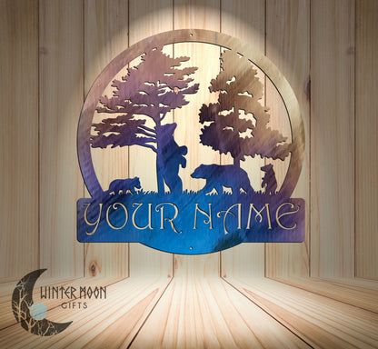 Custom Bear Family Monogram – 18"x18" Personalized Metal Sign for Cabin or Home Decor