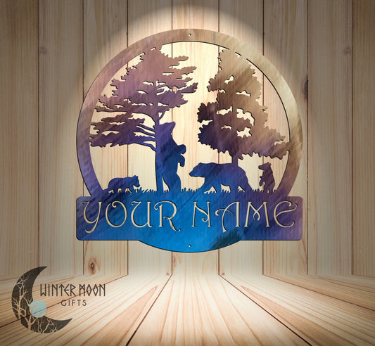 Custom Bear Family Monogram – 18"x18" Personalized Metal Sign for Cabin or Home Decor