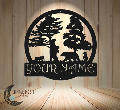 Custom Bear Family Monogram – 18"x18" Personalized Metal Sign for Cabin or Home Decor