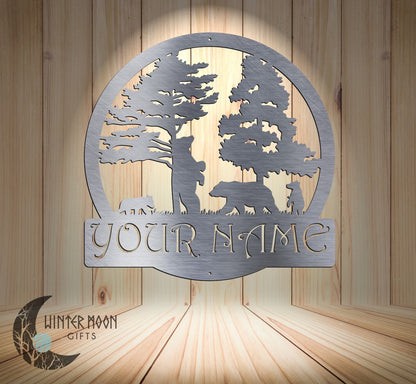Custom Bear Family Monogram – 18"x18" Personalized Metal Sign for Cabin or Home Decor