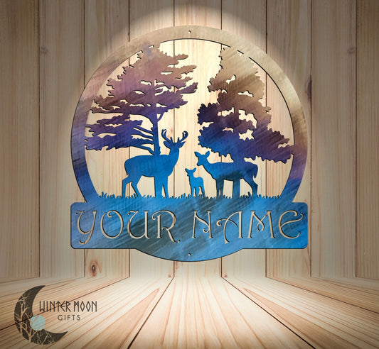 Custom Deer Family Monogram – 18"x18" Personalized Metal Sign for Home or Cabin