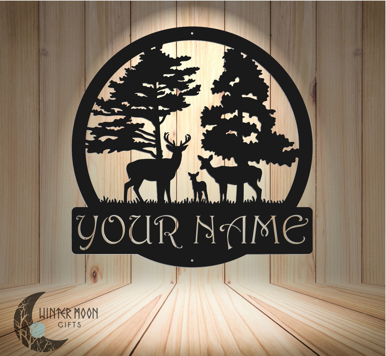 Custom Deer Family Monogram – 18"x18" Personalized Metal Sign for Home or Cabin