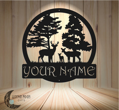 Custom Deer Family Monogram – 18"x18" Personalized Metal Sign for Home or Cabin