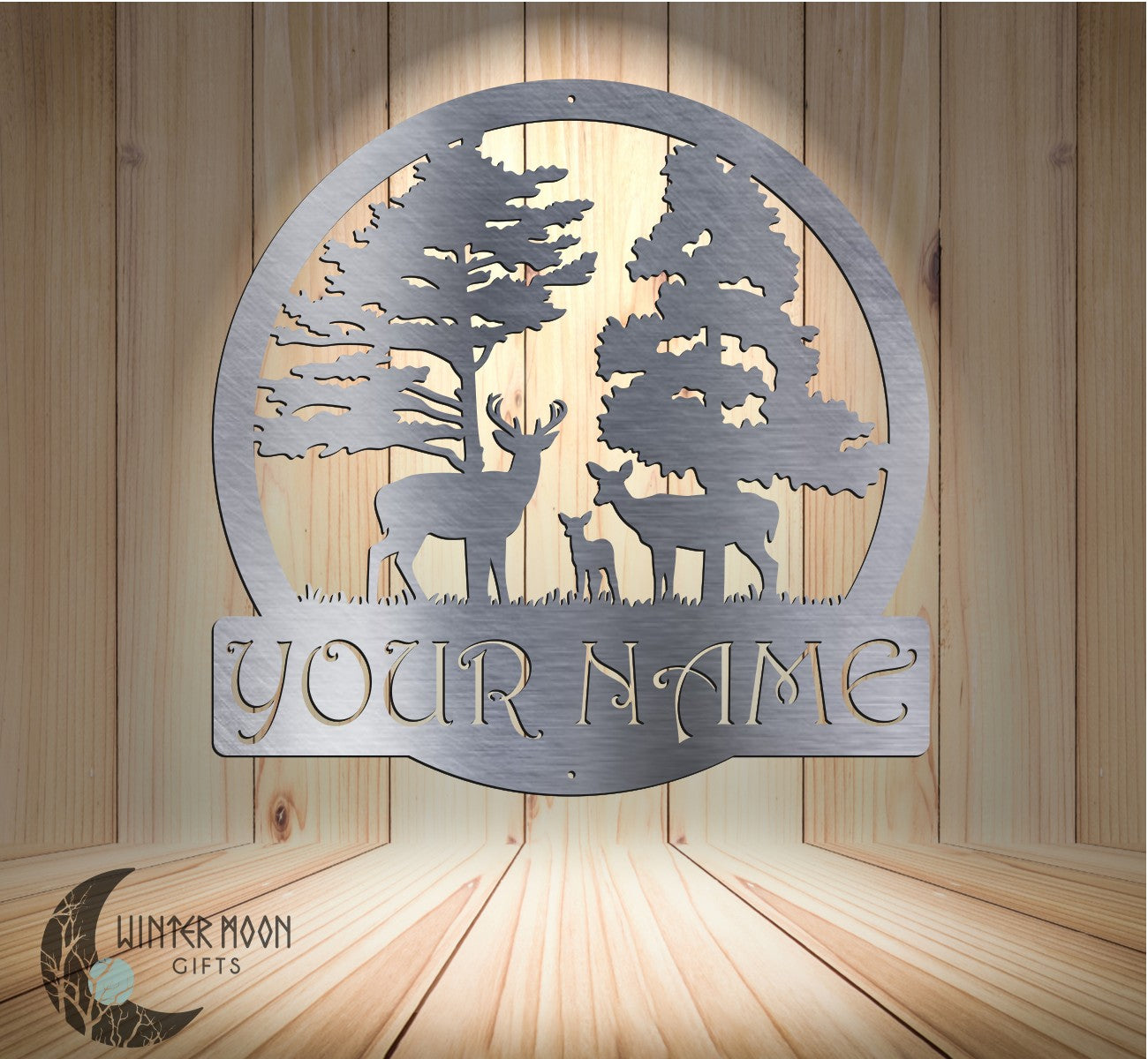 Custom Deer Family Monogram – 18"x18" Personalized Metal Sign for Home or Cabin