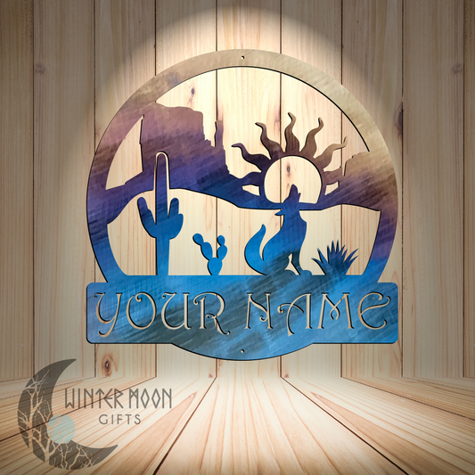 Desert Scene Custom Metal Sign – 18"x18" Howling Coyote Southwest Decor