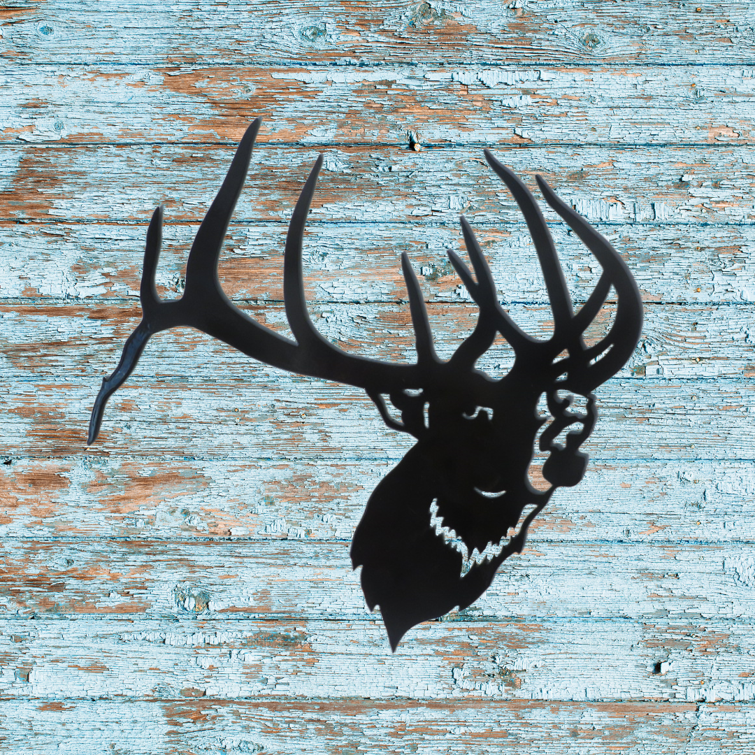Elk Metal Wall Decor – Black Powder Coated Steel – Handmade 12.5"x12" Rustic Wildlife Art