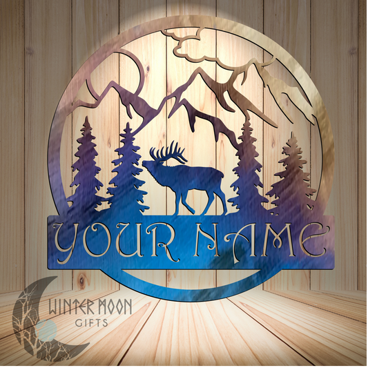 Elk Scene Monogram Metal Art – 18" x 18" Customizable with Powder Coat or Bare Metal Finish
