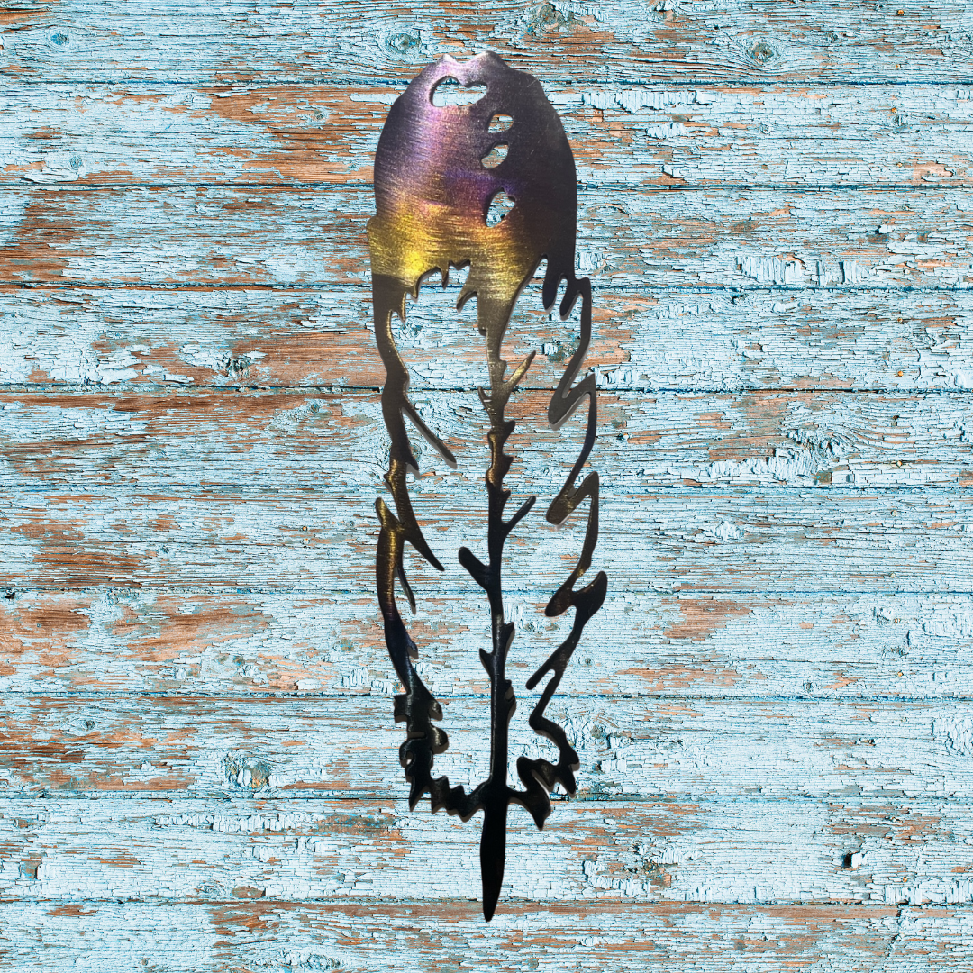 Feather Metal Art – 10x2.75 Heat Painted with Glossy Clear Powder Coat