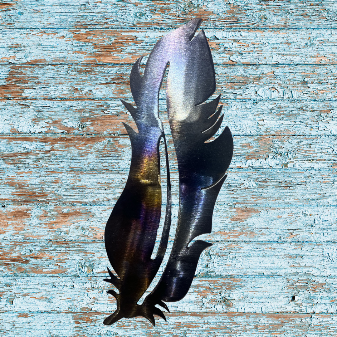 Feather Metal Art – 8x3.5 Heat Painted with Glossy Clear Powder Coat