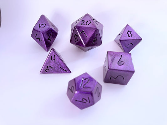 Handcrafted Disco Purple Metal DnD Dice Set – Oversized Steel Dice