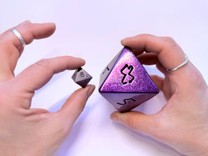 Handcrafted Disco Purple Metal DnD Dice Set – Oversized Steel Dice