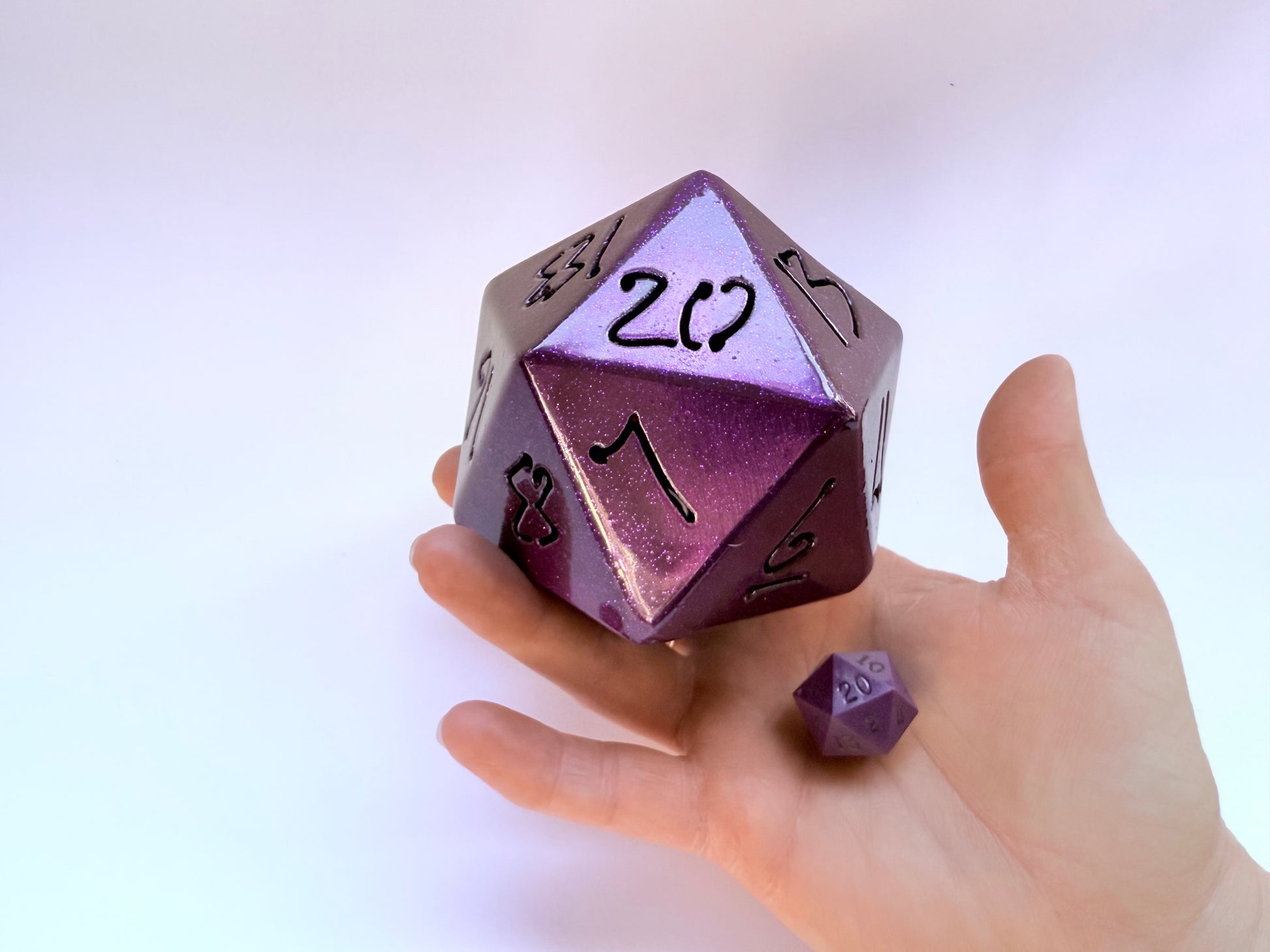 Handcrafted Disco Purple Metal DnD Dice Set – Oversized Steel Dice
