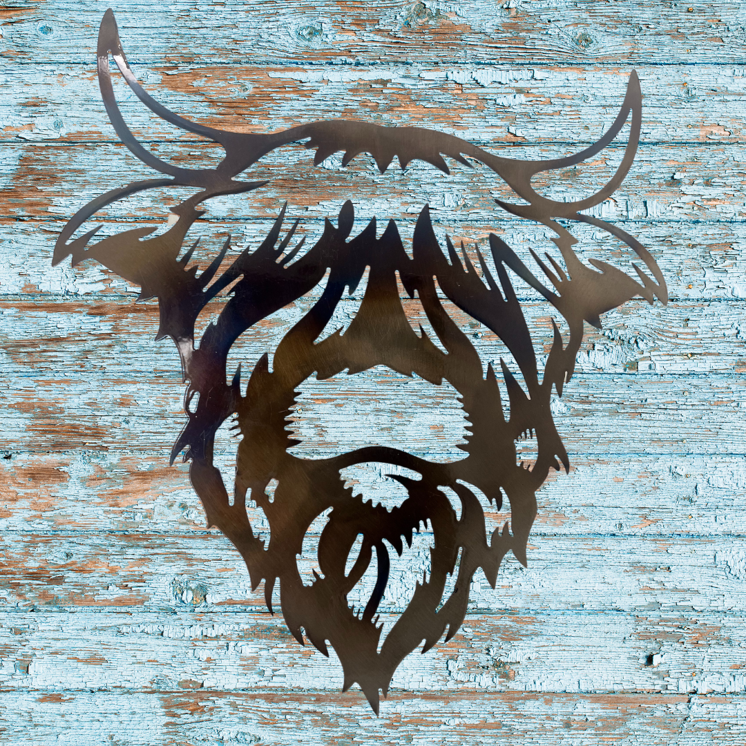 Highland Cow Metal Wall Art – 12"x11" Rustic Farmhouse Face-Only Design