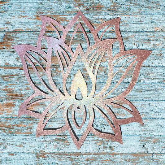 Lotus Flower Metal Wall Art – Metallic Pink Powder Coated Steel – Handmade 12.5"x11.5" Zen-Inspired Decor