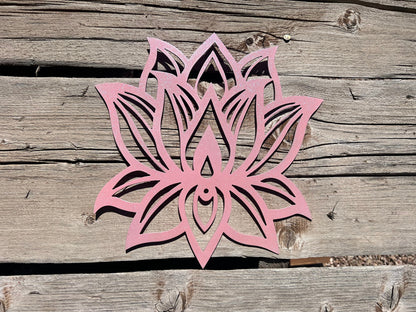 Lotus Flower Metal Wall Art – Metallic Pink Powder Coated Steel – Handmade 12.5"x11.5" Zen-Inspired Decor