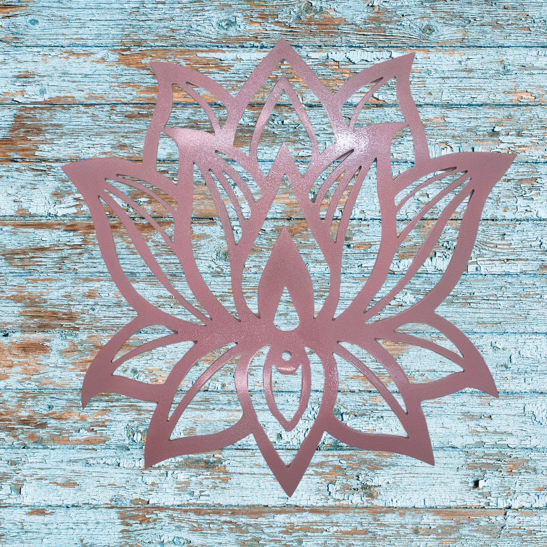 Lotus Flower Metal Wall Art – Metallic Pink Powder Coated Steel – Handmade 12.5"x11.5" Zen-Inspired Decor