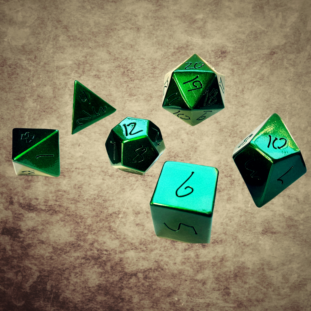 Metallic Emerald DnD Dice Set – Handmade Steel Display Dice for TTRPG Fans