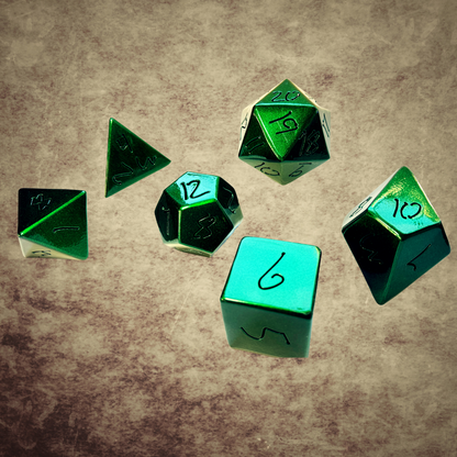 Metallic Emerald DnD Dice Set – Handmade Steel Display Dice for TTRPG Fans