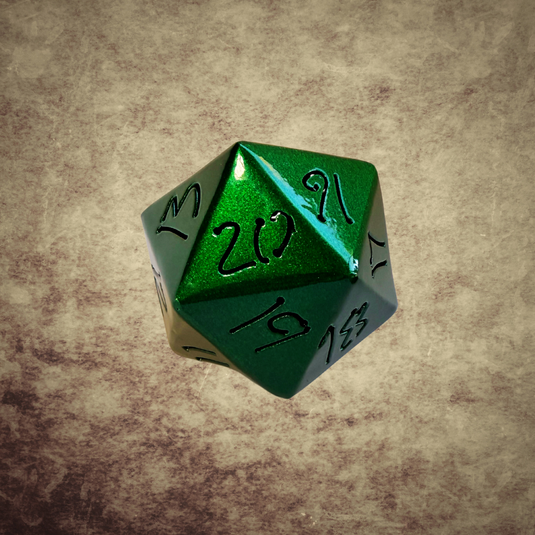 Metallic Emerald DnD Dice Set – Handmade Steel Display Dice for TTRPG Fans