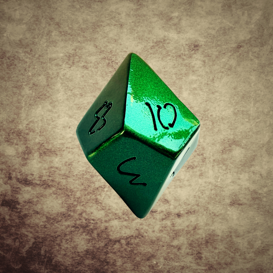Metallic Emerald DnD Dice Set – Handmade Steel Display Dice for TTRPG Fans