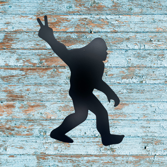 Peace Sign Bigfoot Metal Wall Art – 10"x7" Sasquatch Decor in Black Powder Coated Steel