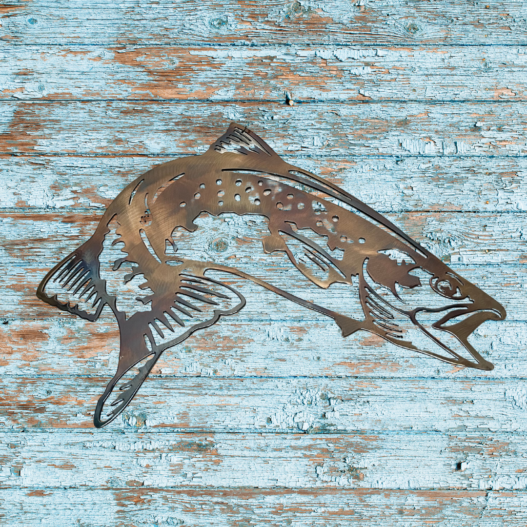 Rainbow Trout Metal Wall Art – 13"x11" Heat-Painted Steel Decor with Glossy Clear Coat