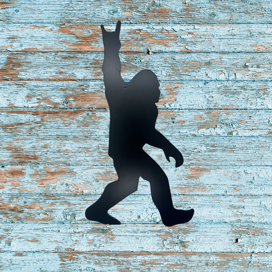 Rock On Bigfoot Metal Wall Art – 10"x5.36" Sasquatch Hand Sign Decor in Black Powder Coated Steel