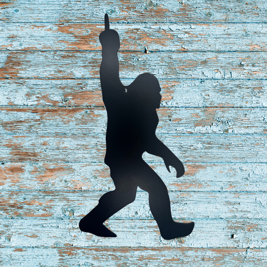 Sasquatch Metal Wall Art – 10"x5.25" Funny Bigfoot Flipping the Bird in Black Powder Coat