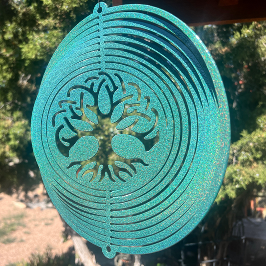 Tree of Life Wind Spinner – 10"x11" Holographic Green Outdoor Metal Art