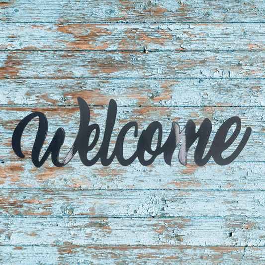 Welcome Metal Wall Sign – Black Powder Coated Steel – Handmade 16"x5.25" Entryway Decor