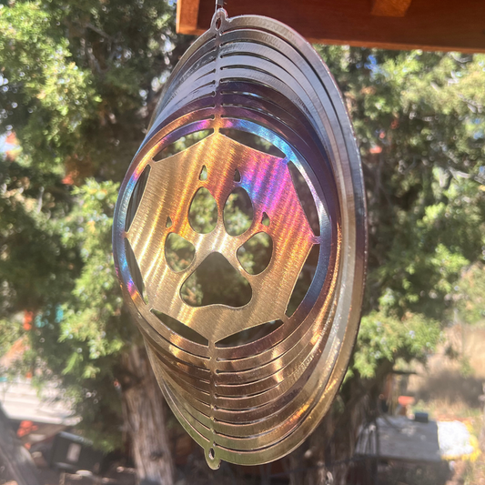 Wolf Paw Wind Spinner – Heatpainted Steel with Clear Gloss Powder Coat – Handmade Outdoor Metal Art