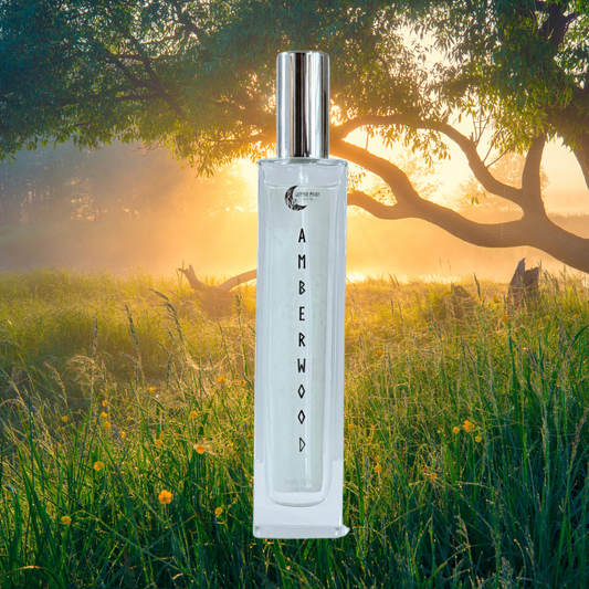 Amberwood body spray standing in a golden grassy field at sunrise with trees in the background
