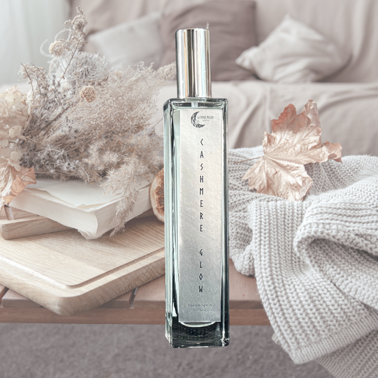 Cashmere Glow Room Spray on a soft, comforting background, designed to evoke cozy comfort and warm ambiance.