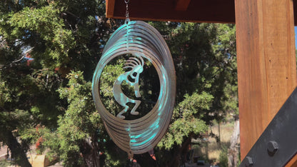 Kokopelli Wind Spinner – Copper Turquoise Color Shift Metal Art