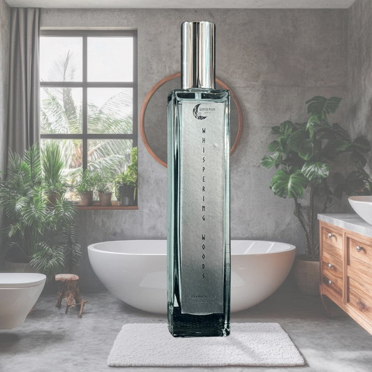 Whispering Woods Room Spray bottle styled in a modern spa-like bathroom with soft natural light, plants, and warm neutral tones.